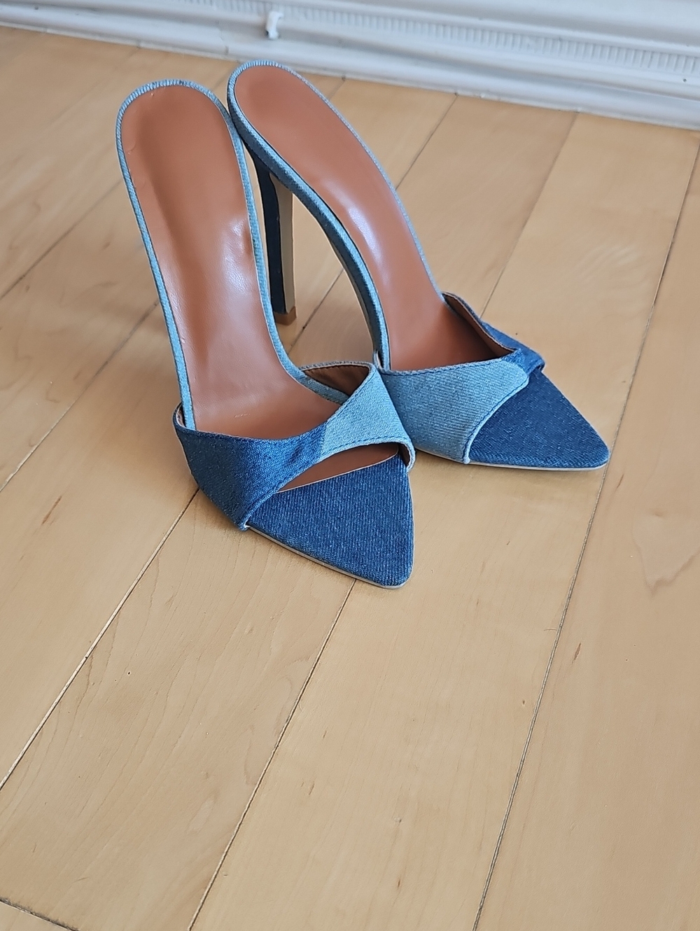 Denim Two-Tone Pointed Toe High Heel Mules